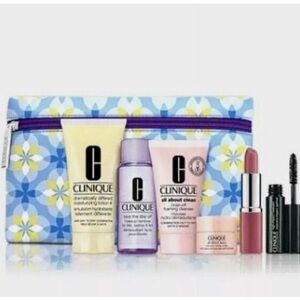Clinique Skin Care Makeup 7 Piece Gift Set With Floral Cosmetic Bag (Brand New)